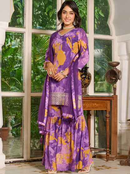 Women Dyed Regular Thread Work Kurta with Sharara & With Dupatta