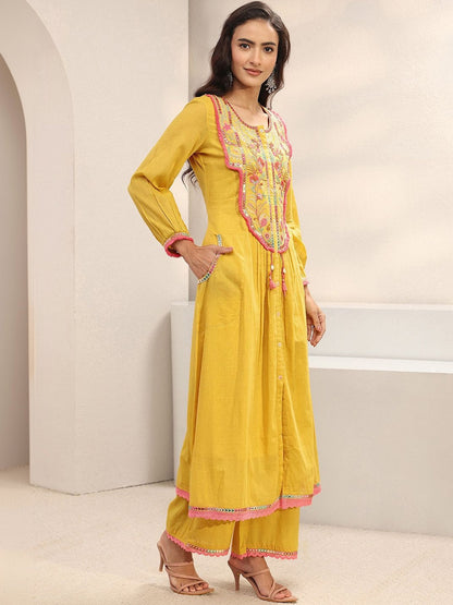Women Floral Embroidered Regular Thread Work Kurta with Palazzos & With Dupatta