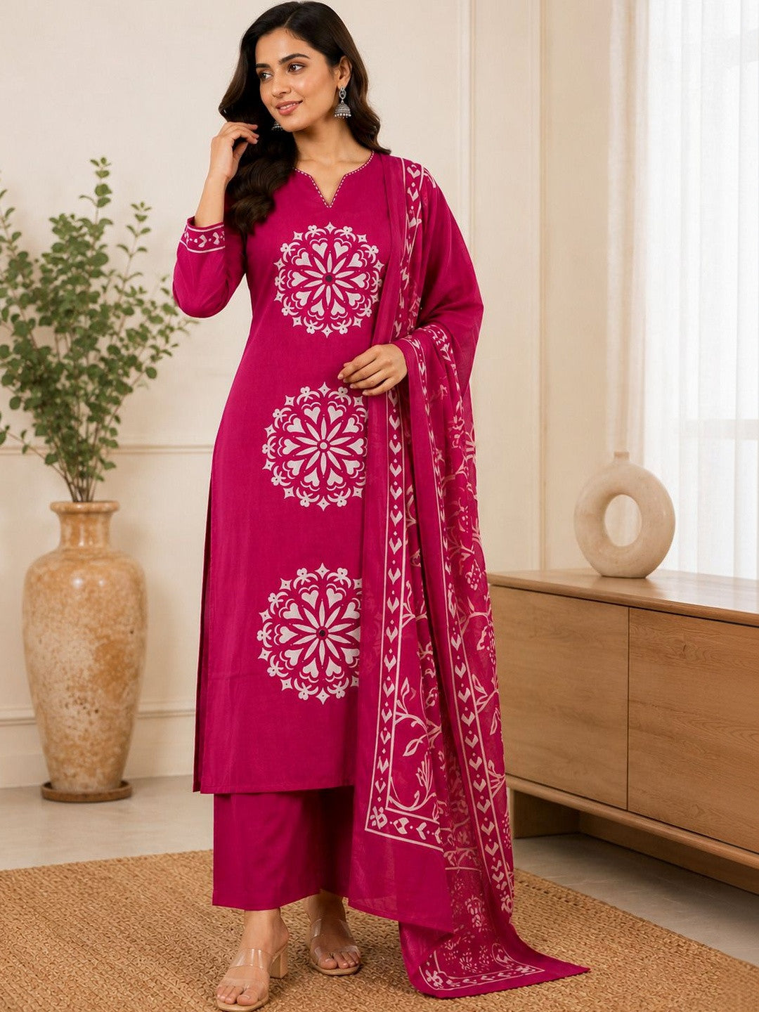 Women Ethnic Motifs Printed Regular Pure Cotton Kurta with Palazzos & With Dupatta
