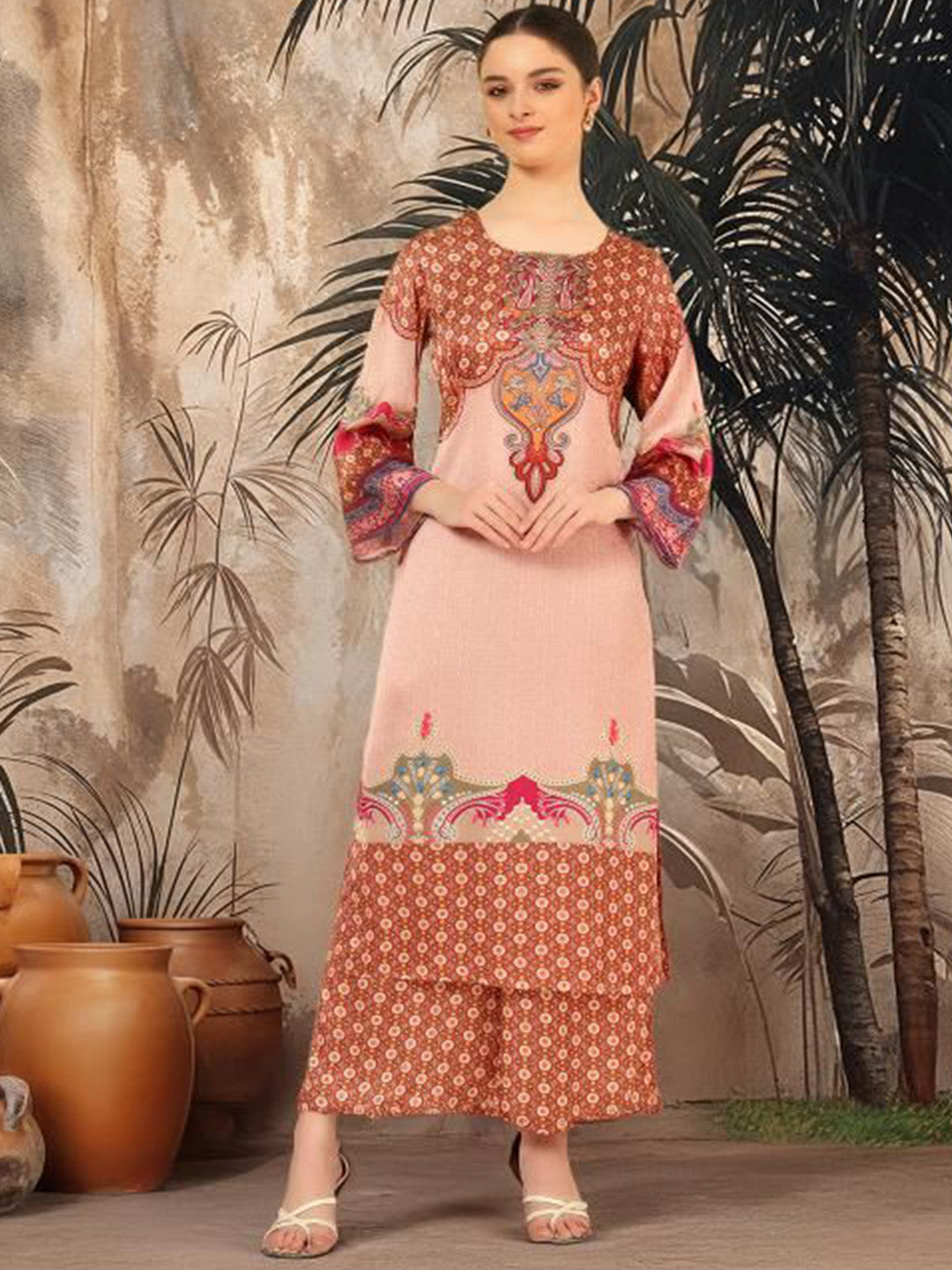 Floral Printed Round Neck Straight Kurta With Palazzos
