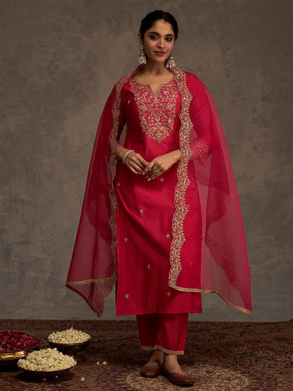 Women Ethnic Motifs Embroidered Regular Thread Work Liva Kurta with Trousers & With Dupatta