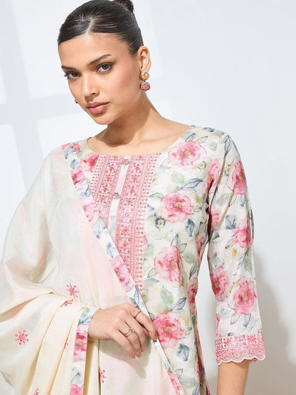 Dhiyona KL Women Floral Printed Regular Thread Work Kurta with Palazzos & With Dupatta