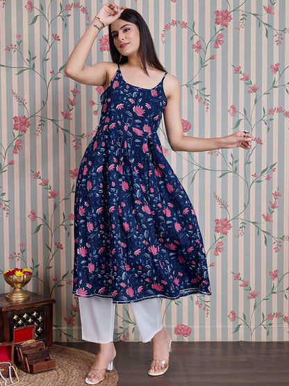 Dhiyona OD  Floral Printed Shoulder Straps Anarkali Pure Cotton Kurta