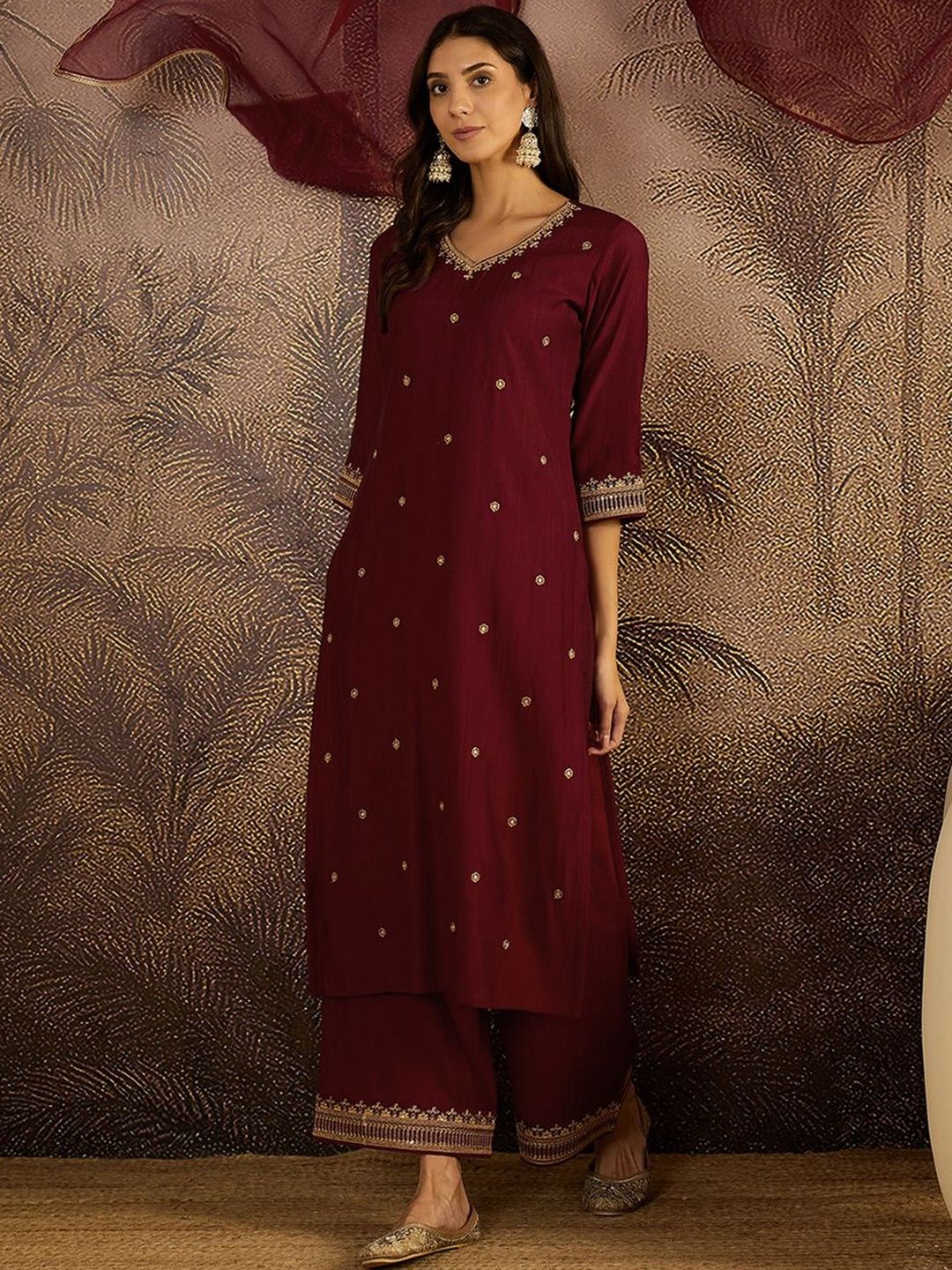Dhiyona SN Embroidered Sequence Kurta & Palazzos with Dupatta Set