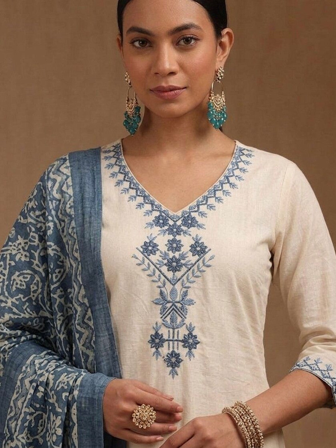 Embroidered Khadi Cotton Round Neck Kurta & Trousers With Dupatta