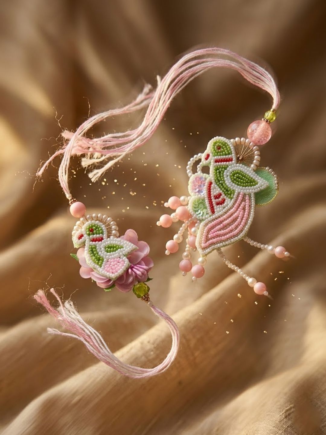 Dhiyona Set Of 2 Leaf Design Pearls & Artificial Stones Bhaiya Bhabhi Rakhi With Roli Chawal