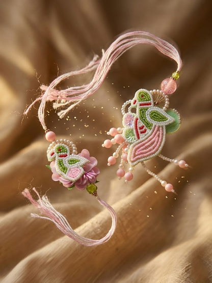 Dhiyona Set Of 2 Leaf Design Pearls & Artificial Stones Bhaiya Bhabhi Rakhi With Roli Chawal