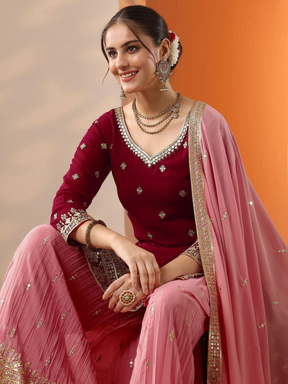 Dhiyona LL Floral Embroidered Georgette Sweetheart Neck Zari Kurti & Sharara & Dupatta