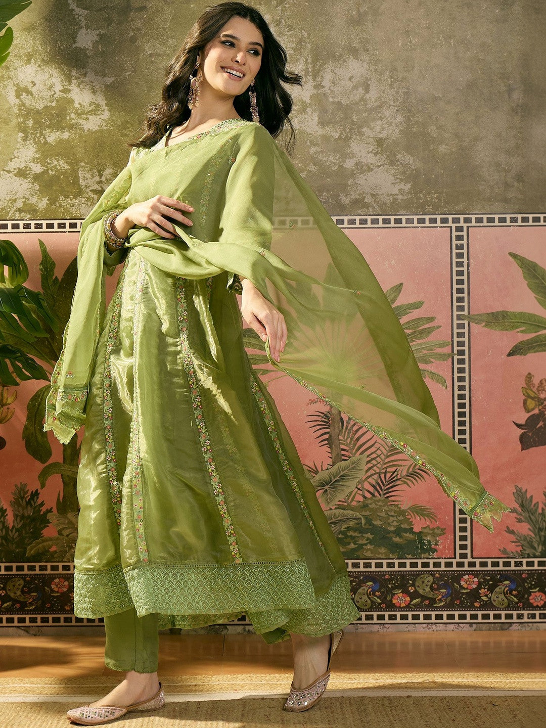 Embroidered V-Neck Kurta Trousers & Dupatta