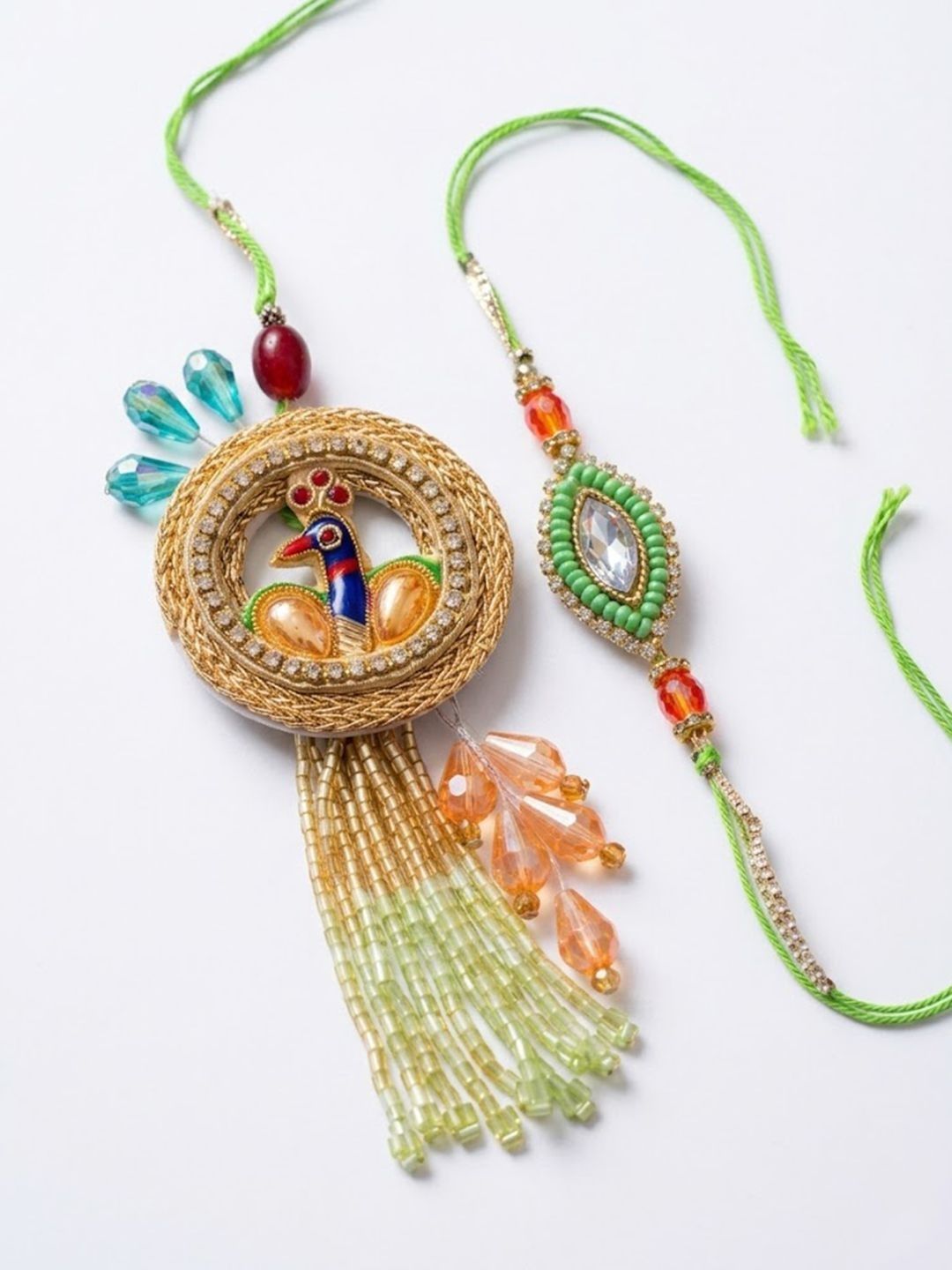 Dhiyona Set Of 2 Artificial Stones Designer Bhaiya Bhabhi Rakhi With Roli Chawal Chandan