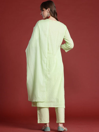 Women Floral Embroidered Regular Thread Work Pure Cotton Kurta with Trousers & With Dupatta