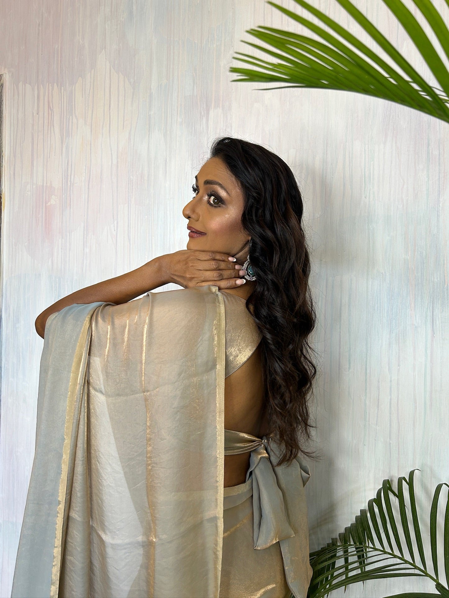 Dhiyona ST Copper Grey Metallic Satin Saree with Beads with Blouse Fabric