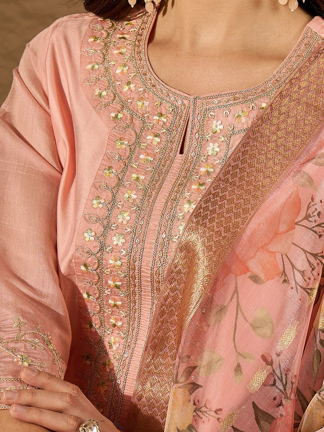 Embroidered Round Neck Kurta & Trousers With Dupatta