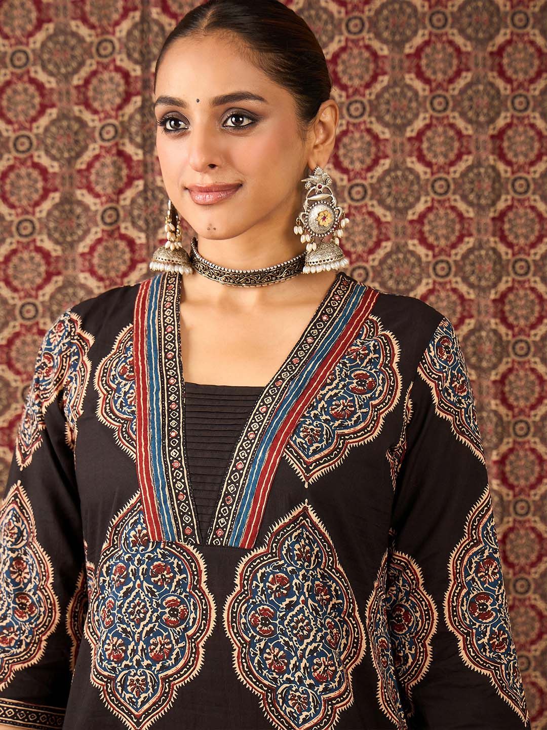 Dhiyona IE Printed Pure Cotton V-Neck Tunic With Trouser