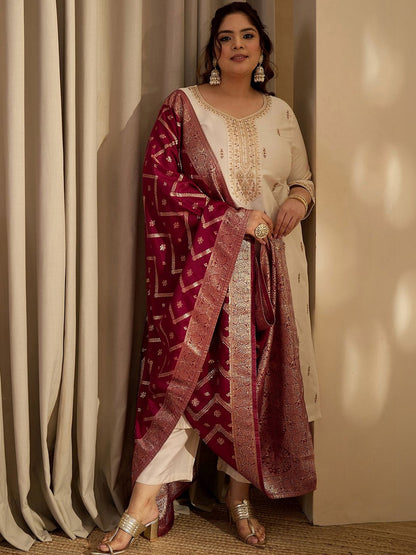 Plus Size Ethnic Embroidered Regular Kurta with Trousers & With Dupatta
