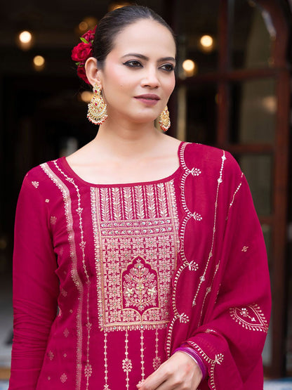 Dhiyona CH Women Jacquard Kurta with Plazzo and Embroidered Dupatta
