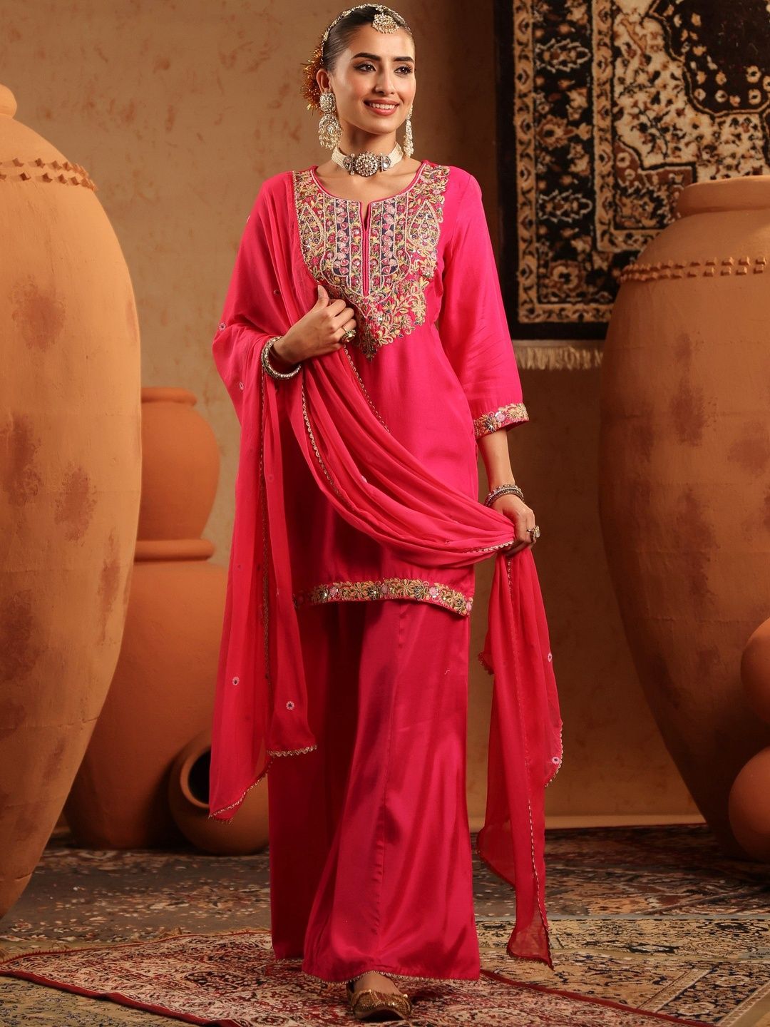 Dhiyona SC Women Fuchsia Silk Embroidered-Handwork Sharara Set