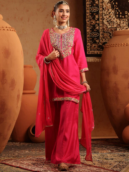 Dhiyona SC Women Fuchsia Silk Embroidered-Handwork Sharara Set