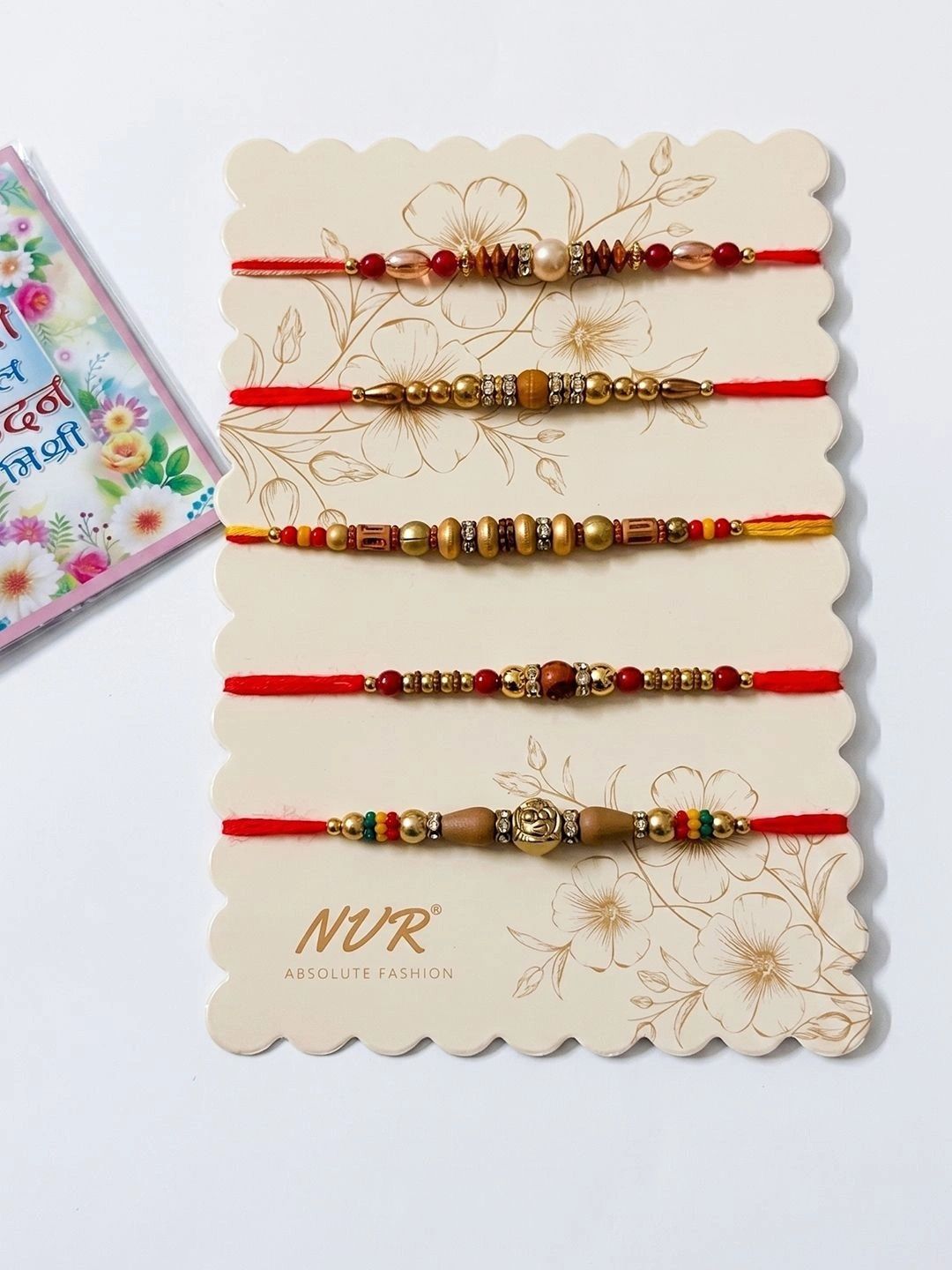 Dhiyona Set Of 5 Multicolor Designer Thread Rakhi With Roli Chawal Chandan Mishri