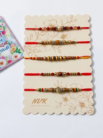 Dhiyona Set Of 5 Multicolor Designer Thread Rakhi With Roli Chawal Chandan Mishri