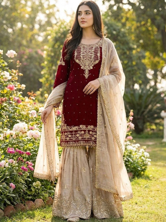 Dhiyona KL Women Ethnic Motifs Embroidered Regular Thread Work Kurta with Sharara & With Dupatta