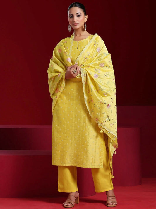 Women's LB Art Yellow Embroidered Chanderi Silk Straight Suit With Dupatta