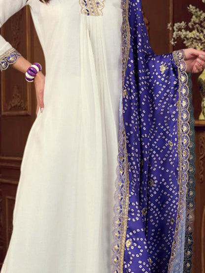 Floral Yoke Design V-Neck Pleated Sequinned Straight Kurta With Trouser & Dupatta