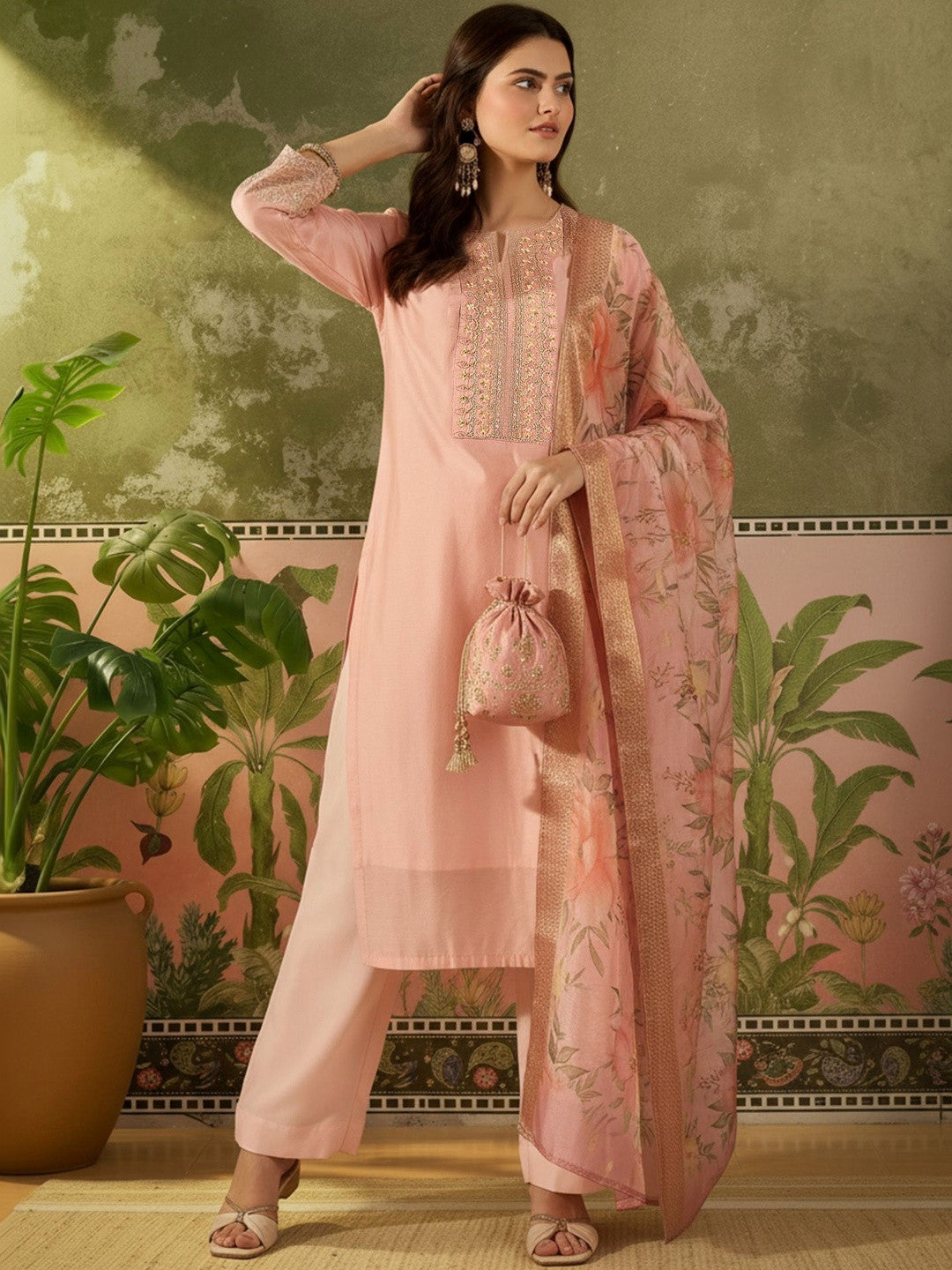 Embroidered Round Neck Kurta & Trousers With Dupatta