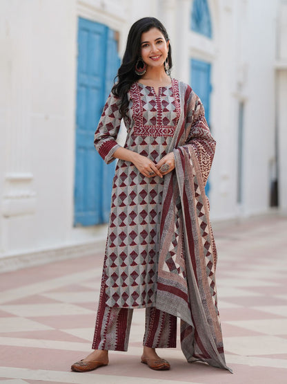 Dhiyona RR Women's Geometric Printed Notch Neck Pure Cotton Kurta With Trousers & Dupatta