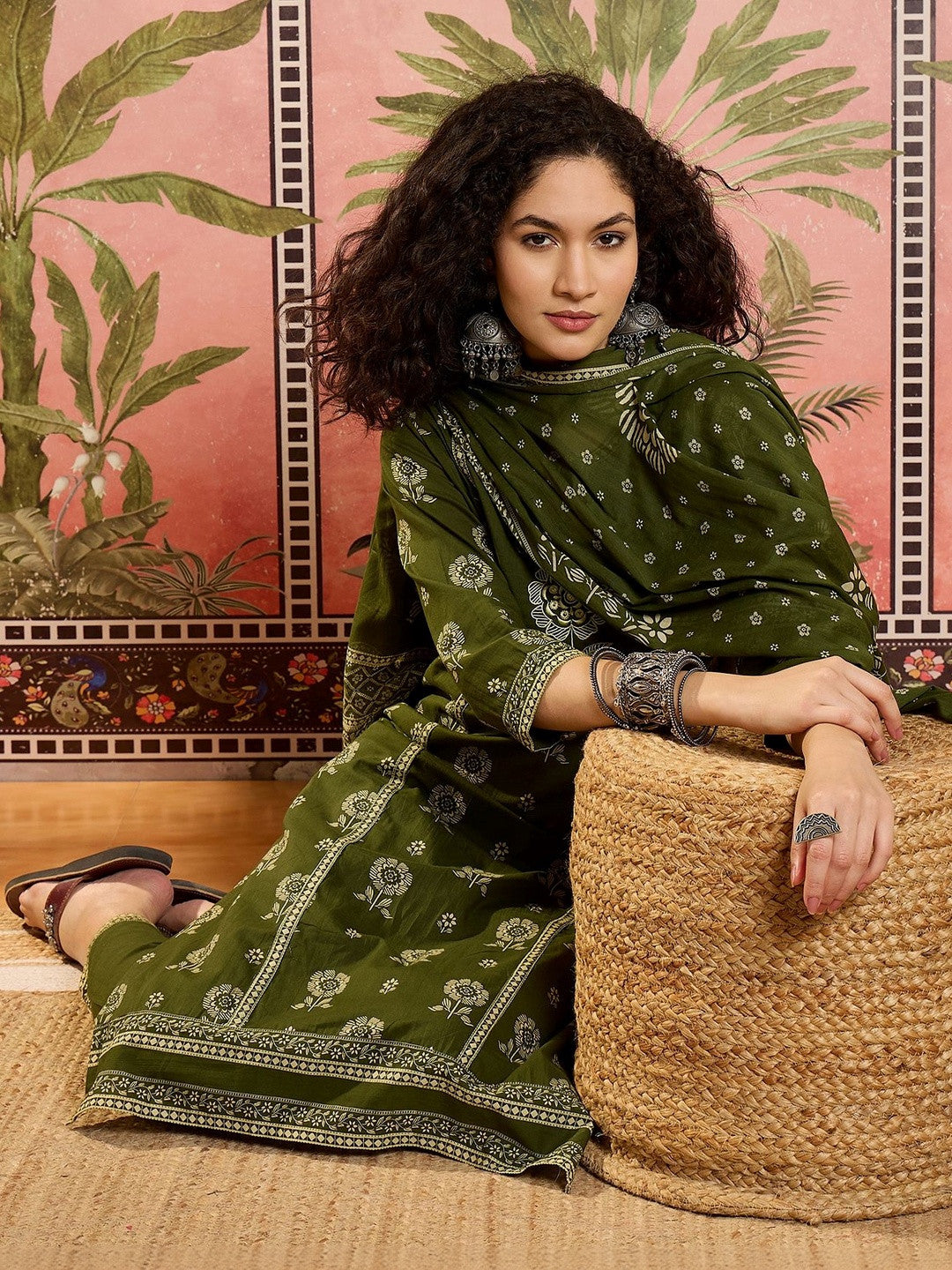 Floral Printed Cotton Round Neck Kurta & Trousers With Dupatta