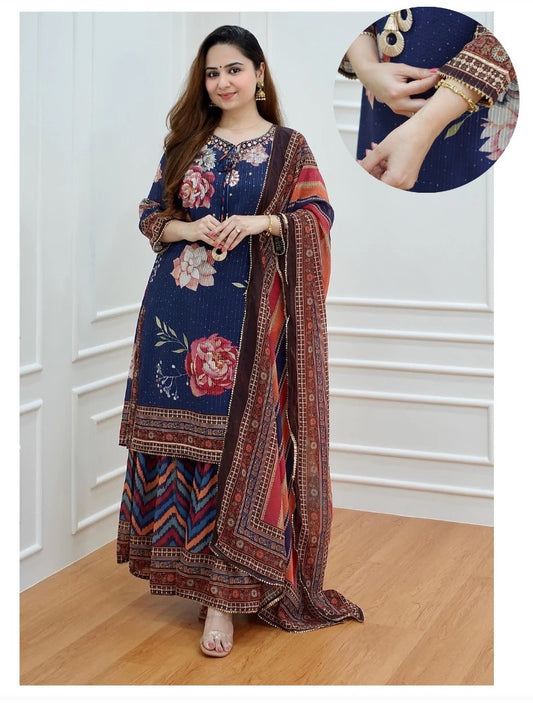 Women Blue Printed Viscose Rayon Kurta, Sharara And Dupatta Set