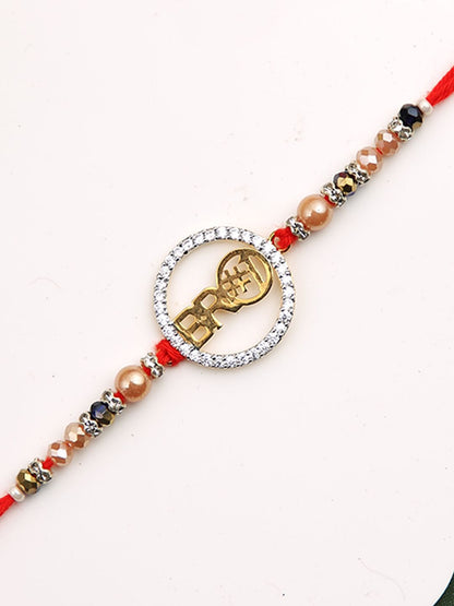 Dhiyona Red Stone Studded & Beaded Thread Rakhi With Roli Chawal & Greeting Card