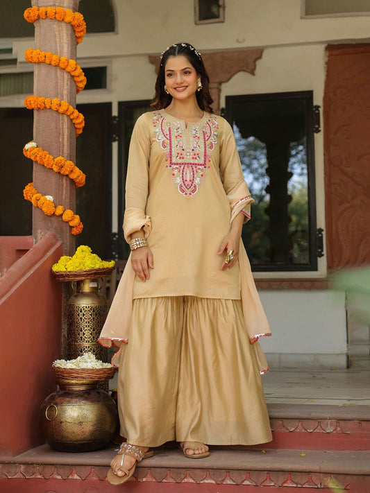 Dhiyona SC Women Beige Chanderi Silk Embroidered Sharara Set