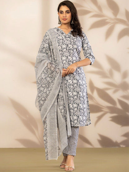 Women Floral Printed Regular Pure Cotton Kurta with Trousers & With Dupatta