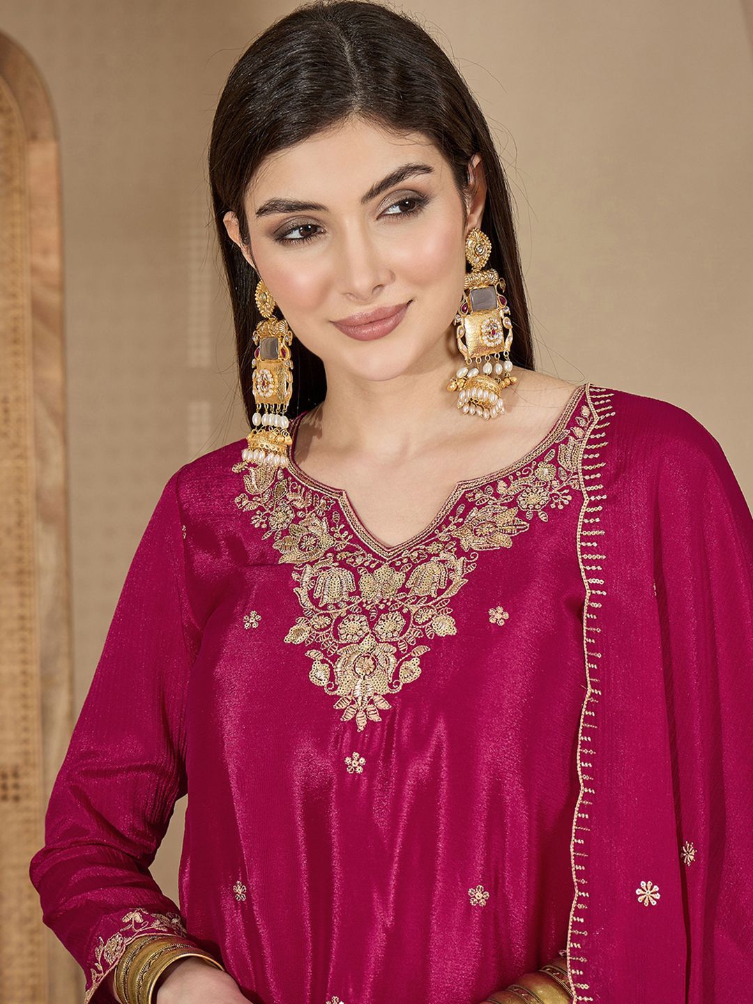 Dhiyona SN Zari Sequence Thread Embroidered Straight Kurta With Palazzos & Dupatta