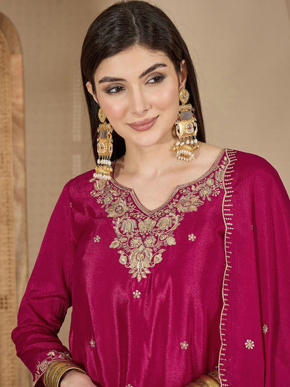 Dhiyona SN Zari Sequence Thread Embroidered Straight Kurta With Palazzos & Dupatta