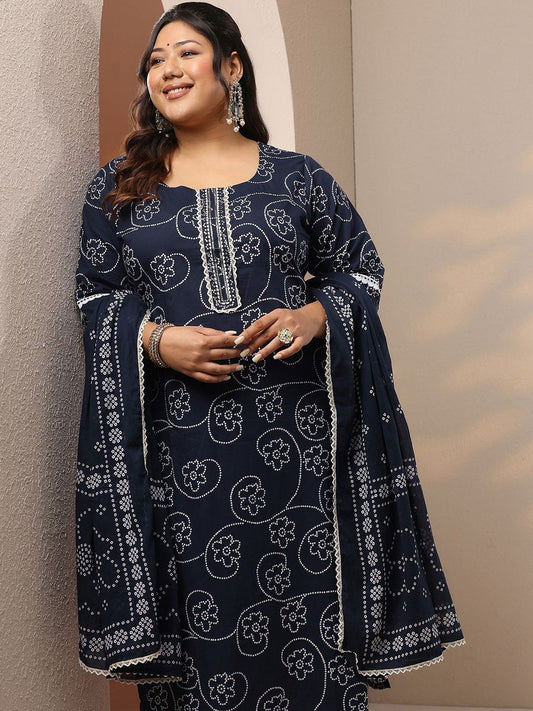 Dhiyona Women's Plus Size Bandhani Printed Straight Kurta With Trousers & Dupatta