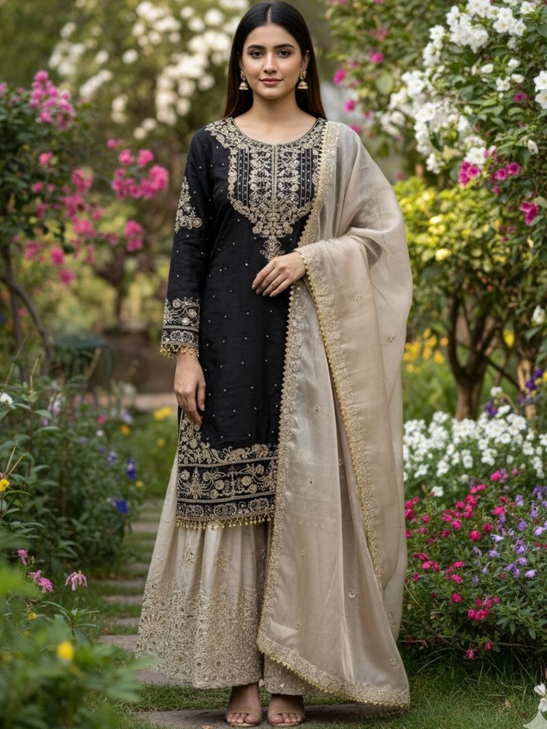 Dhiyona KL Women Ethnic Motifs Embroidered Regular Kurta with Sharara & With Dupatta