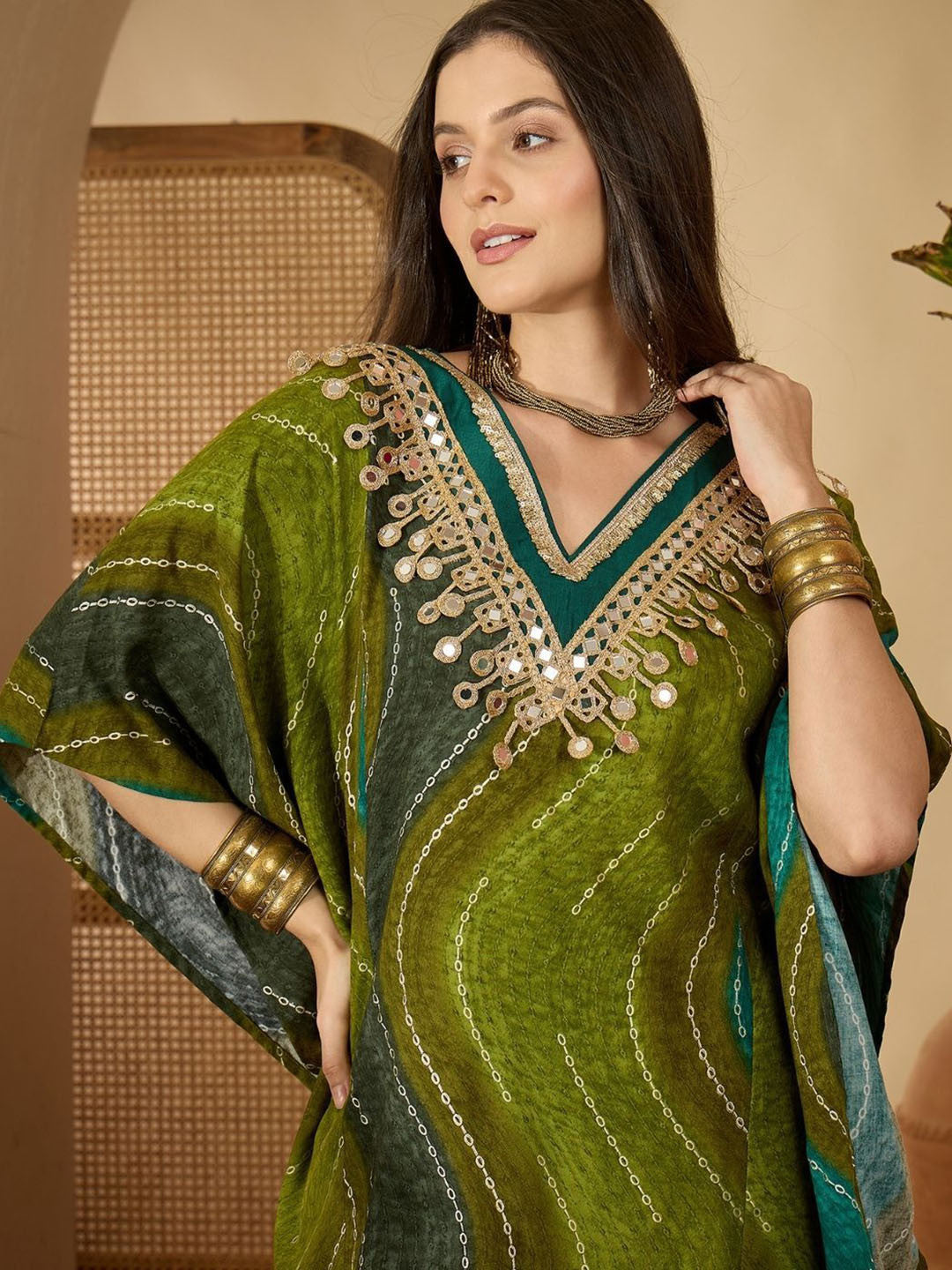 Leheriya Printed with Embellished Kaftan Kurta with Dhoti Pant Set