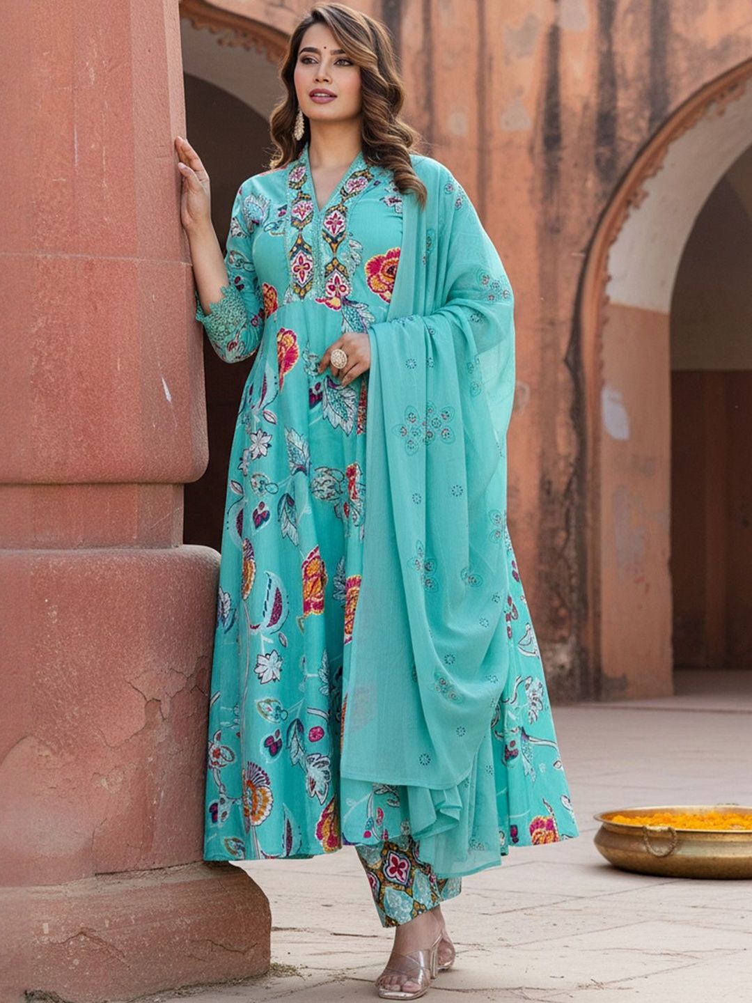 Dhiyona IE Floral Printed Tiered Mirror Work Pure Cotton Kurta With Trousers & Dupatta