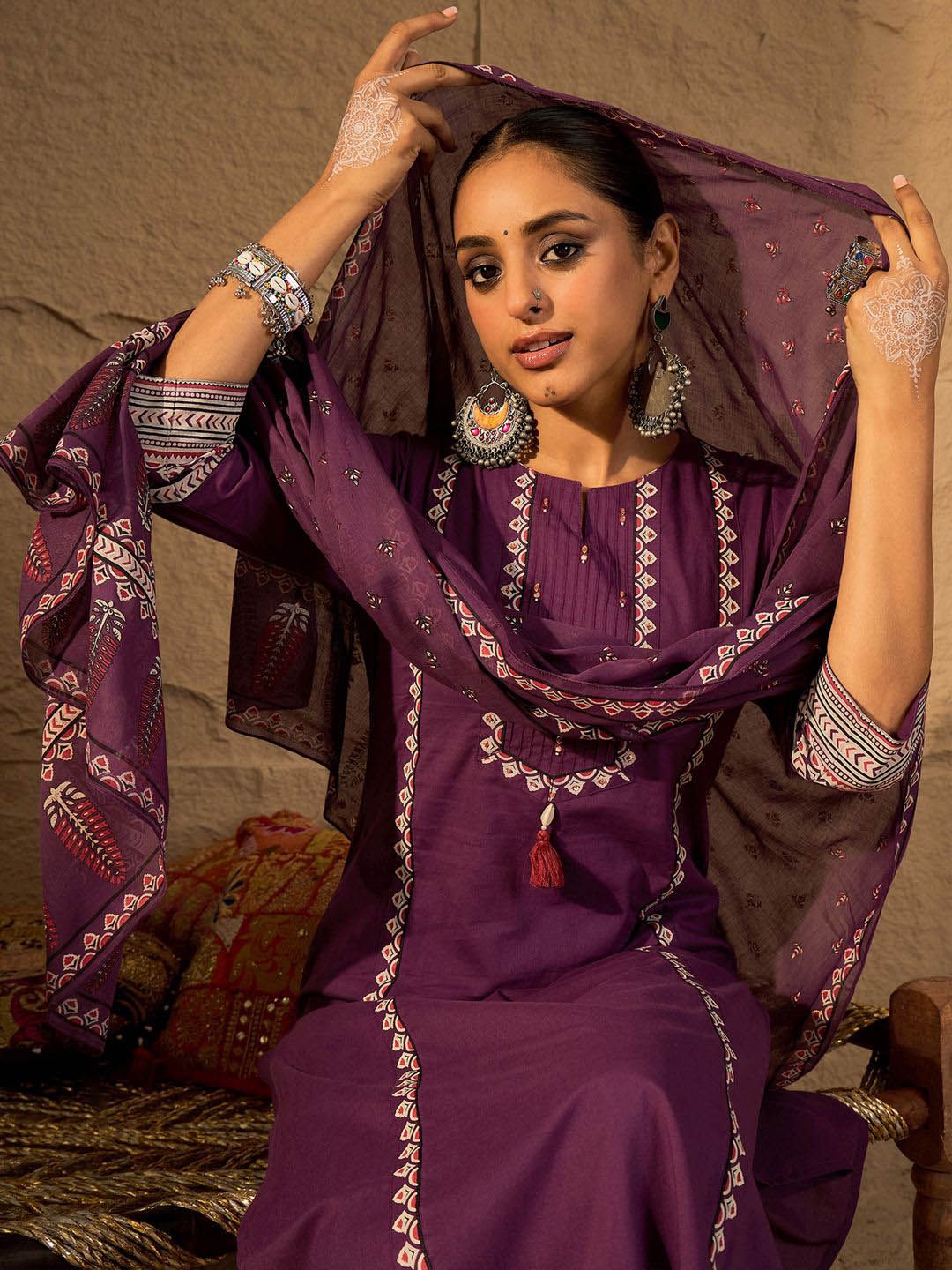 Dhiyona IE Thread Work Pure Cotton Straight Kurta With Trousers & Dupatta