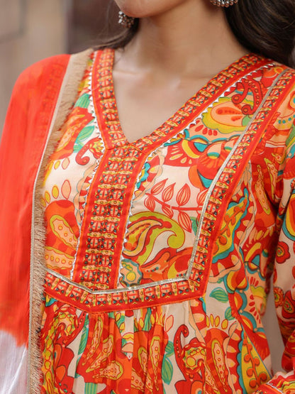 Dhiyona RR Women's Printed Gotta Patti Pure Cotton A-Line Kurta with Trousers & Dupatta