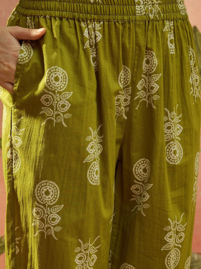 Embroidered Pure Cotton V-Neck Top & Trousers With Dupatta