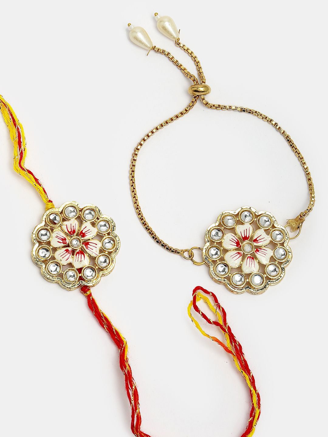 Dhiyona Unisex Set Of 2 Gold Kundan-Studded Bhaiya Bhabhi Rakhi Set With Roli Chawal