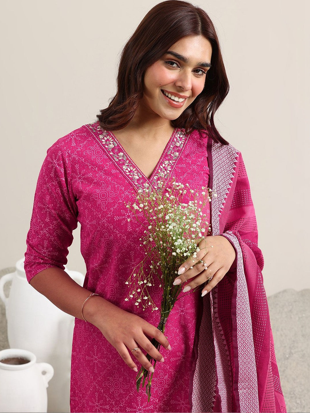 Women Ethnic Motifs Printed Regular Thread Work Kurta with Trousers & With Dupatta