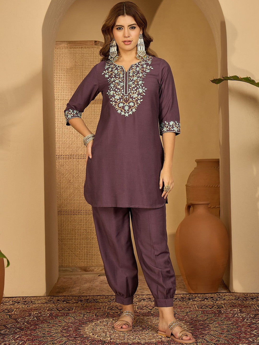Women Purple Embroidered Kurta Sets With Dupatta