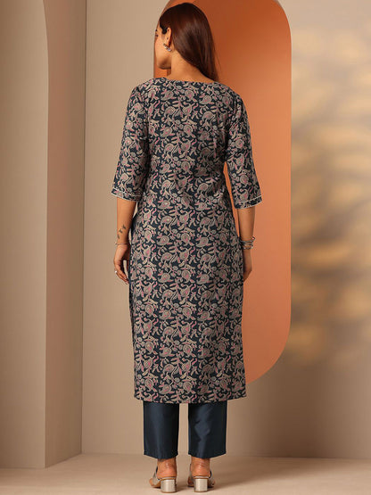 Paisley Printed Notch Neck Thread Work Straight Kurta With Trousers
