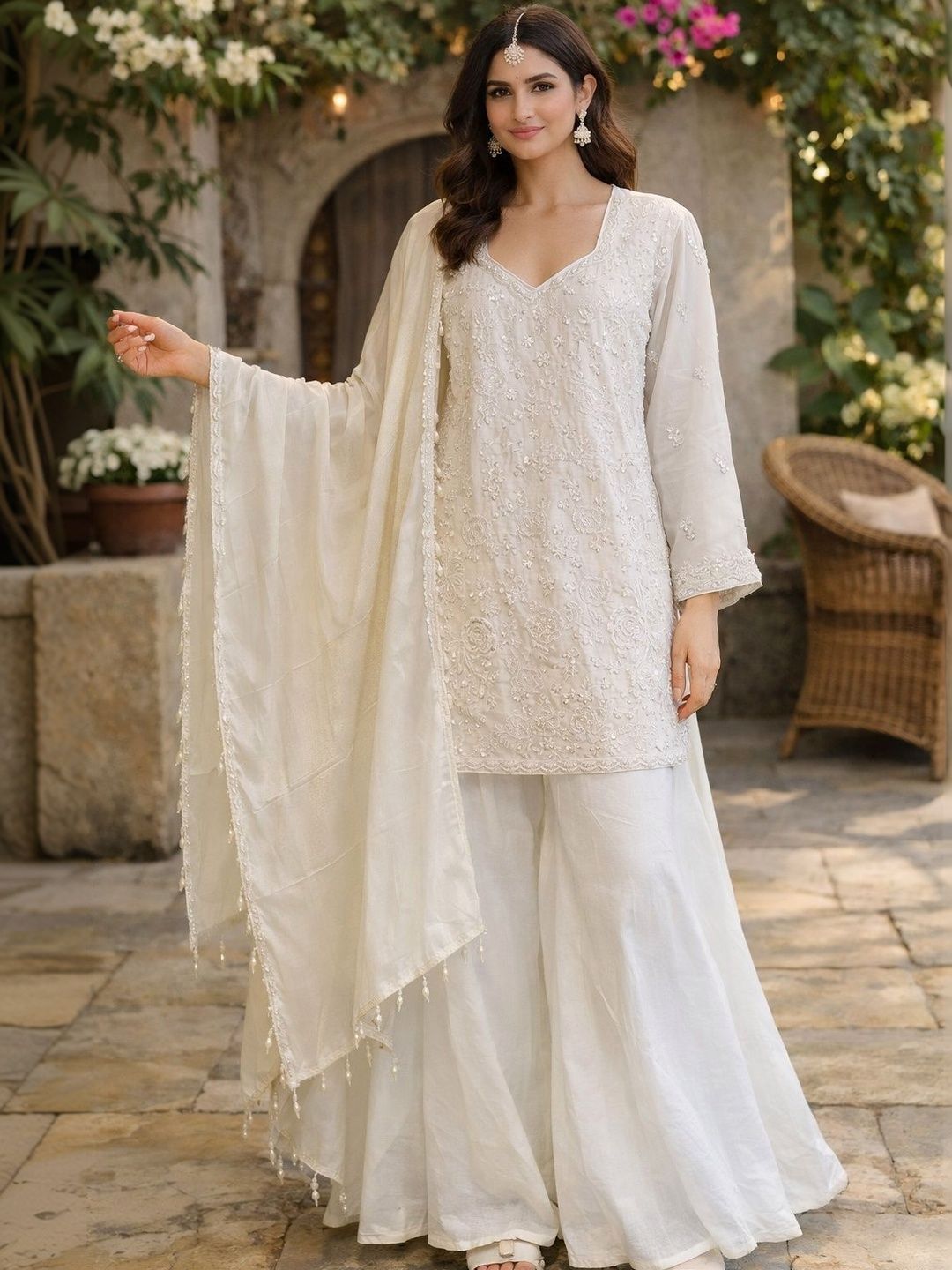 Dhiyona HOP Embroidered Chinon V-Neck Kurta & Sharara Kurta Sets
