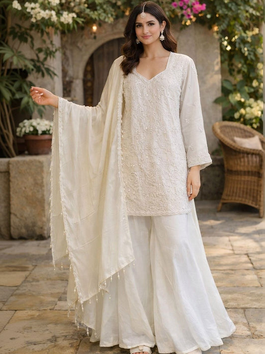 Dhiyona HOP Embroidered Chinon V-Neck Kurta & Sharara Kurta Sets