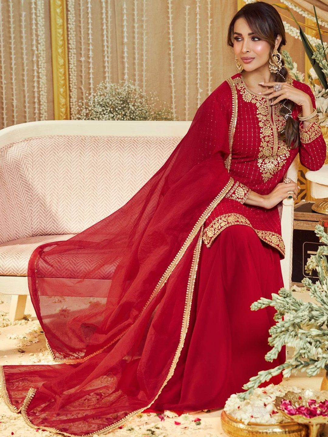 Dhiyona IN Women Ethnic Motifs Embroidered Regular Thread Work Kurta with Sharara & With Dupatta